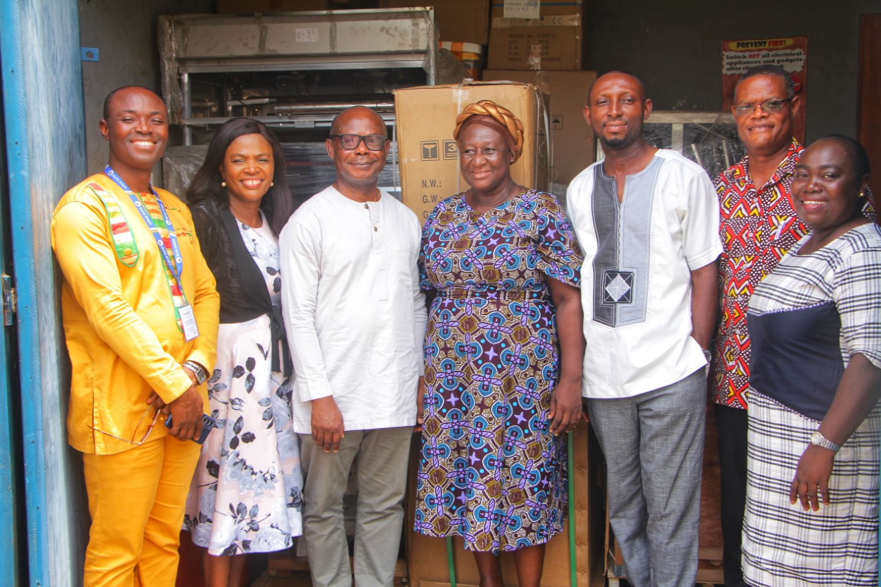 Picture: (From Left to Right) Dr. Jenkins Asaah, Deputy Registrar (Administration), Mrs. Priscilla Osae-Akonnor (lecturer. HCIM), the Vice-Chancellor,Ing. Prof Wusu-Achaw, Dr. Vida Commey (HoD, HCIM), Deputy Director of Finance, Mr. Isaac Owusu Ansah, Dean of the Faculty of Applied Sciences and Technology, Prof. Felix N. Engmann and Mrs. Joyce Adu-Amoah (VC’s Secretariate). 