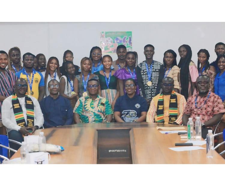 Picture: The Pro Vice-Chancellor, Ing. Prof. Abena Agyeiwaa Obiri-Yeboah, (3rd from right), alongside senior staff and other key delegates from Université Norbert ZONGO. Behind them the students from Université Norbert ZONGO