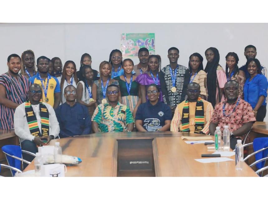 Picture: The Pro Vice-Chancellor, Ing. Prof. Abena Agyeiwaa Obiri-Yeboah, (3rd from right), alongside senior staff and other key delegates from Université Norbert ZONGO. Behind them the students from Université Norbert ZONGO